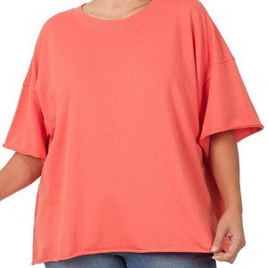 ZENANA 2X Plus FRENCH TERRY Drop Shoulder Raw Edge Relaxed Jersey Top Orange